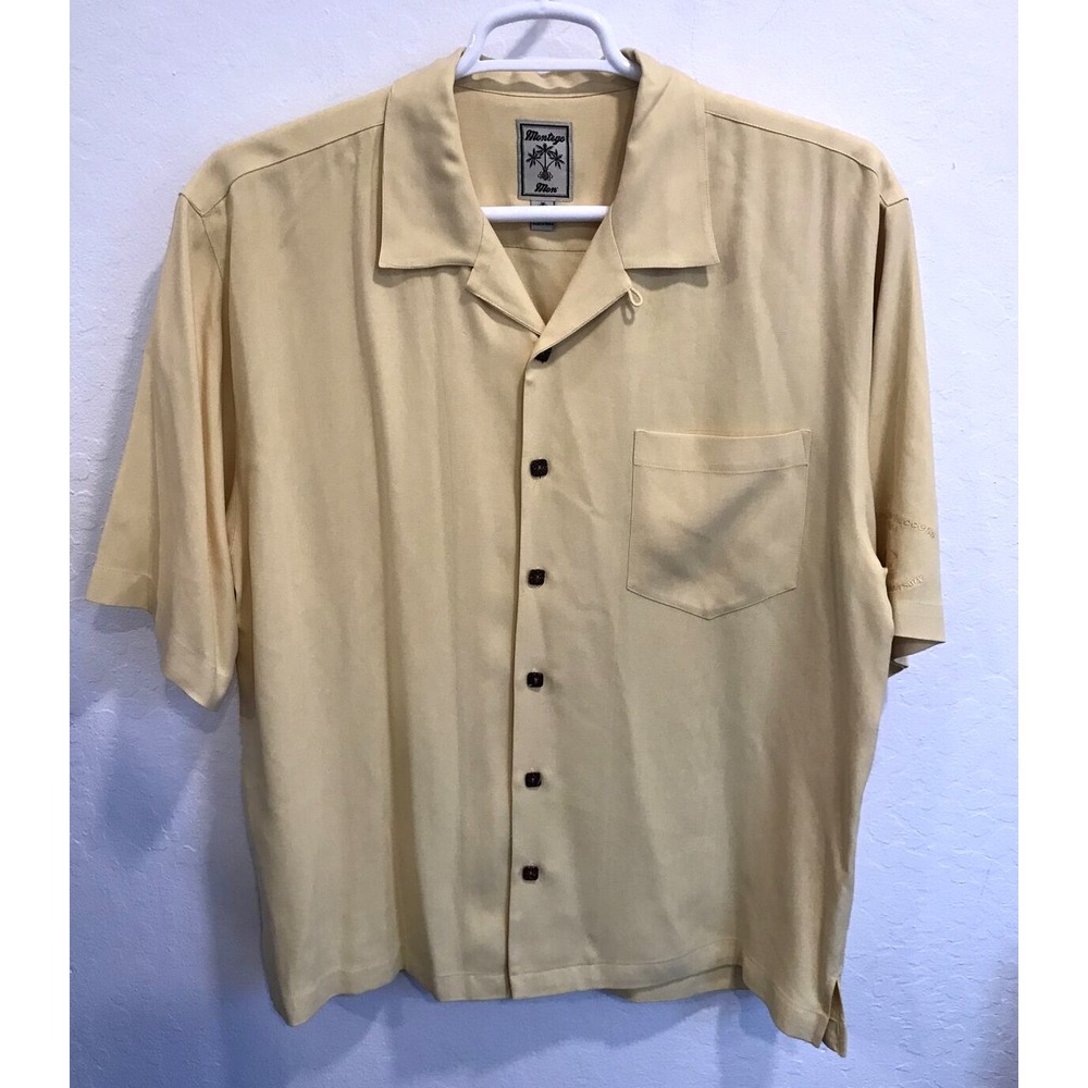 Montego Mon Mens Hawaiian Shirt 100% Silk Sz L Yellow Wooden Buttons Pocket